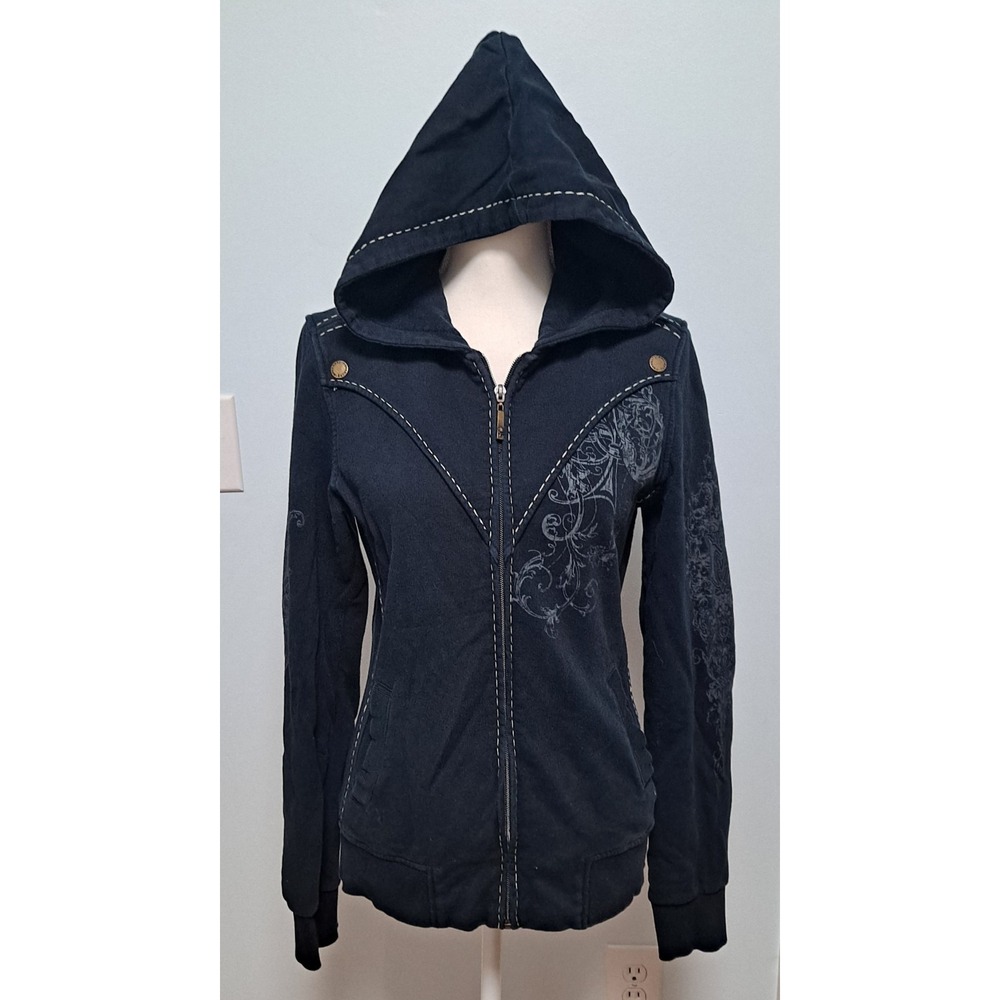 Monarchy Distressed Long Sleeve Hooded  Large Black Embroidered Zip Up